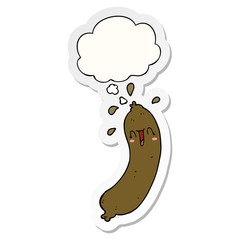 happy cartoon sausage and thought bubble as a printed sticker