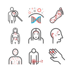 Psoriasis. Symptoms, Treatment. Line icons set. Vector signs for web graphics