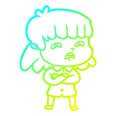cold gradient line drawing cartoon worried woman