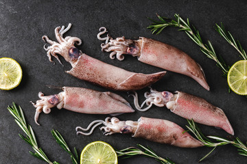 Fresh raw whole squids with spices, rosemary and lime on dark stone background. Seafood, creative...