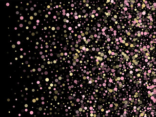 Fototapeta na wymiar Pink gold confetti circle decoration for Christmas banner background. Bokeh lights effect vector. Gold, pink and rose color round confetti dots, circles scatter on black. Beautiful bokeh background.
