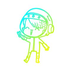 cold gradient line drawing happy cartoon space girl giving peace sign