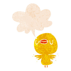 cartoon chick flapping wings and speech bubble in retro textured style