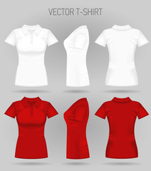Blank women's white and red short sleeve polo shirt in front, back and side views. Vector illustration. Realistic female t-shirts