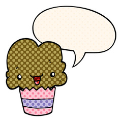 cartoon cupcake and face and speech bubble in comic book style