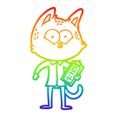 rainbow gradient line drawing cartoon cat with clipboard