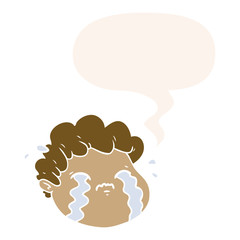 cartoon crying boy and speech bubble in retro style