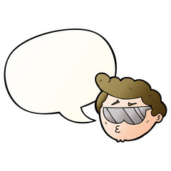 cartoon boy wearing sunglasses and speech bubble in smooth gradient style