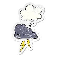 cartoon storm cloud and thought bubble as a distressed worn sticker