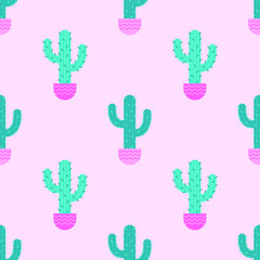 Seamless pattern with cactus in green and on pink background.