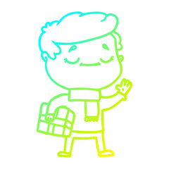 cold gradient line drawing cartoon man carrying christmas present waving