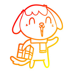 warm gradient line drawing cute cartoon dog with christmas present