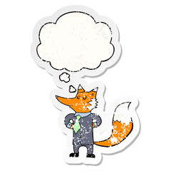 cartoon fox businessman and thought bubble as a distressed worn sticker