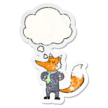 cartoon fox businessman and thought bubble as a distressed worn sticker