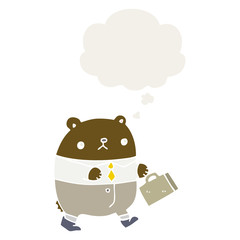 cartoon bear in work clothes and thought bubble in retro style
