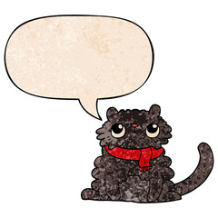 cartoon cat and speech bubble in retro texture style