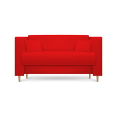 Vector 3d Realistic Render Red Leather Luxury Office Sofa, Couch with Pillows in Simple Modern Style for Interior Design, Living Room, Reception or Lounge. Closeup Isolated on White Background