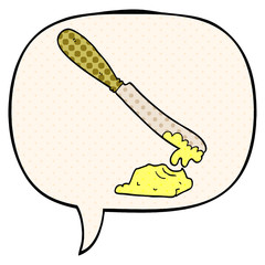cartoon knife spreading butter and speech bubble in comic book style