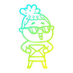 cold gradient line drawing cartoon happy woman wearing spectacles
