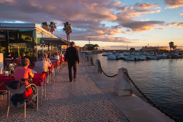 marina of Faro city at sunset