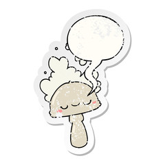 cartoon mushroom and spoor cloud and speech bubble distressed sticker
