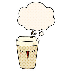cartoon coffee cup and thought bubble in comic book style