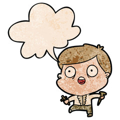 cartoon frightened man hunting halloween vampires and speech bubble in retro texture style