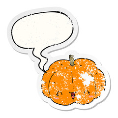 cartoon pumpkin and speech bubble distressed sticker