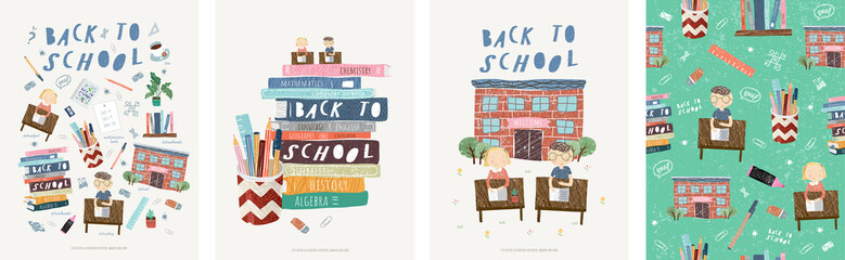 Back to school! Cute vector illustrations for a poster, banner or card with objects: school, schoolchildren at their desks, stationery, books, children, pen, ruler, marker, eraser and seamless pattern © Ardea-studio