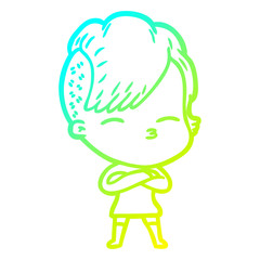 cold gradient line drawing cartoon squinting girl