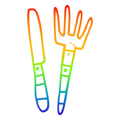 rainbow gradient line drawing cartoon knife and fork