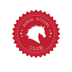 Vector red flat retro logo with horse head silhouette and horse riding club text isolated on white background