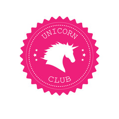 Vector pink flat retro logo with unicorn head silhouette and horse riding club text isolated on white background
