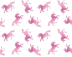 Vector seamless pattern of watercolor pink unicorn silhouette isolated on white background © Sweta