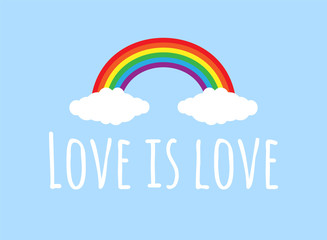 Vector flat cartoon banner poster with love is love lettering and lgbt rainbow