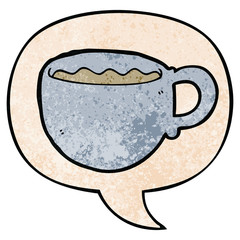 cartoon coffee cup and speech bubble in retro texture style