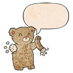 cartoon teddy bear and torn arm and speech bubble in retro texture style