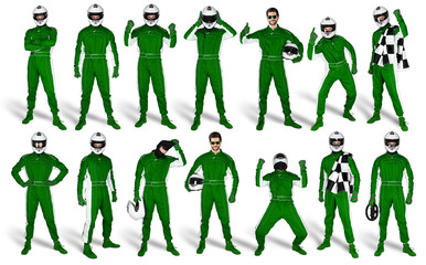 Set Collection of race driver with green overall saftey crash helmet and chequered checkered flag...