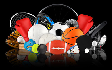 huge collection stack of sport balls gear equipment from various sports concept dark black...