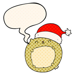 cute cartoon christmas bear and speech bubble in comic book style