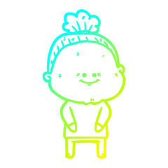cold gradient line drawing cartoon happy old woman