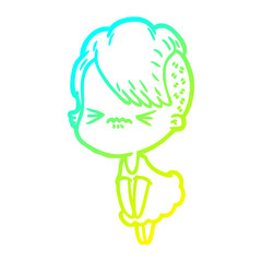 cold gradient line drawing cartoon annoyed hipster girl