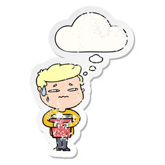 cartoon anxious boy carrying book and thought bubble as a distressed worn sticker