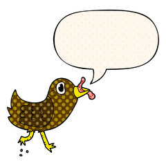 cartoon bird and worm and speech bubble in comic book style