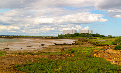 panoramic photo of Bradwell nuclear power station, partially decommissioned Magnox power station,...