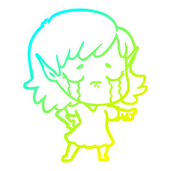 cold gradient line drawing crying cartoon elf girl