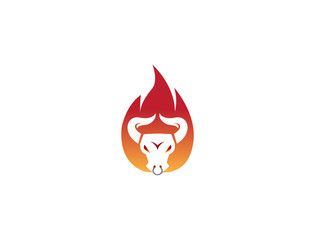 angry bull head in fire buffalo cow flame for logo design illustration