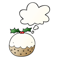 cartoon christmas pudding and thought bubble in smooth gradient style