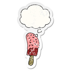 cartoon ice cream lolly and thought bubble as a distressed worn sticker