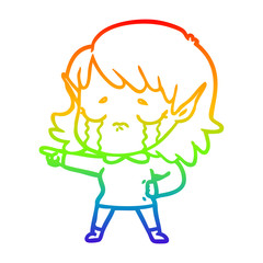 rainbow gradient line drawing cartoon crying elf girl